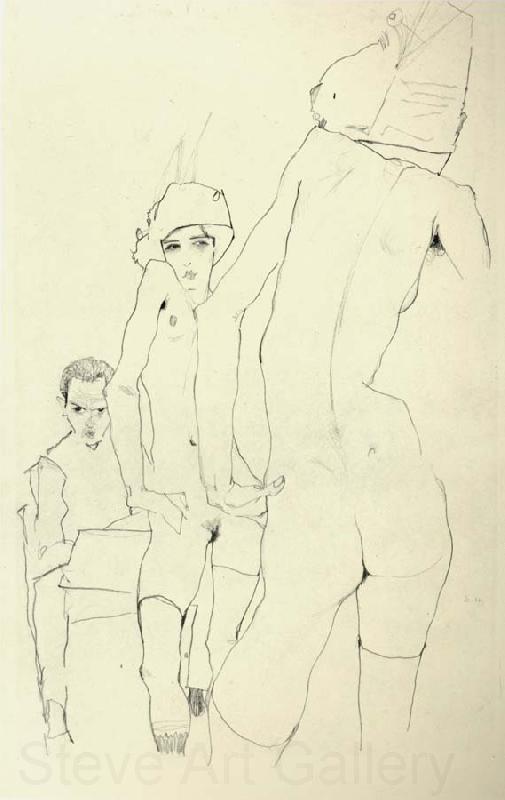Egon Schiele Schiele Drawing a Nude Model before a Mirror Spain oil painting art